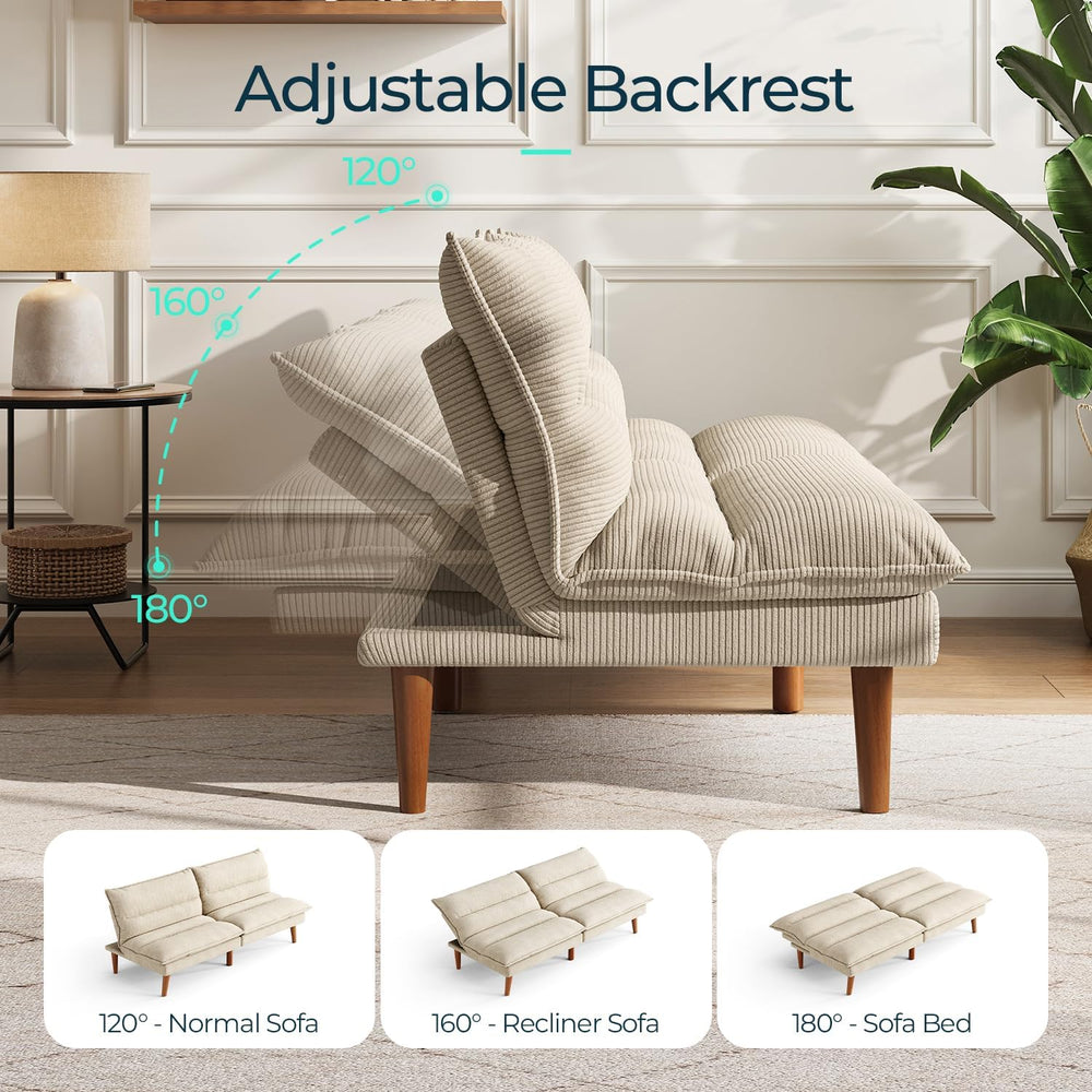 LINSY HOME Futon Sofa Bed, Corduroy Futon Couch with 3-Position Adjustable Ba...