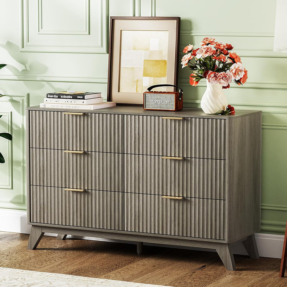 VINGLI Fluted Grey Dresser 6 Drawer Gray Dresser with Rounded Edges, Grey Dre...
