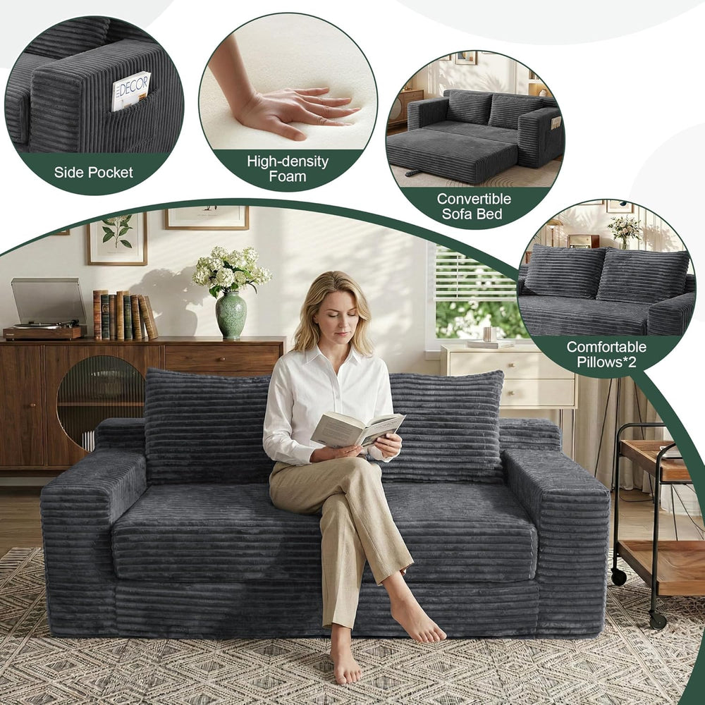 73" Convertible Sofa Bed, Corduroy Boneless Loveseat Sleeper, Gray