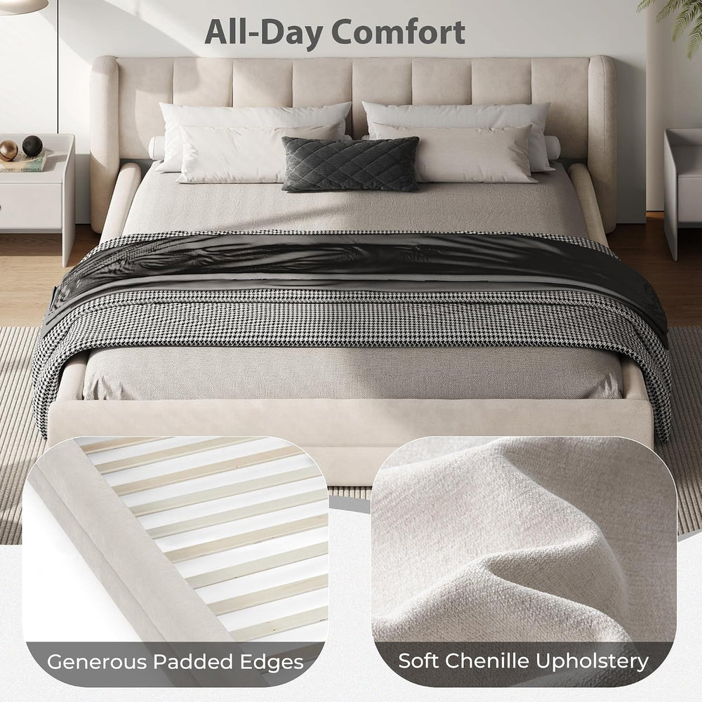 Queen Size Cloud Bed Frame with Soft Channel-Tufted Headboard