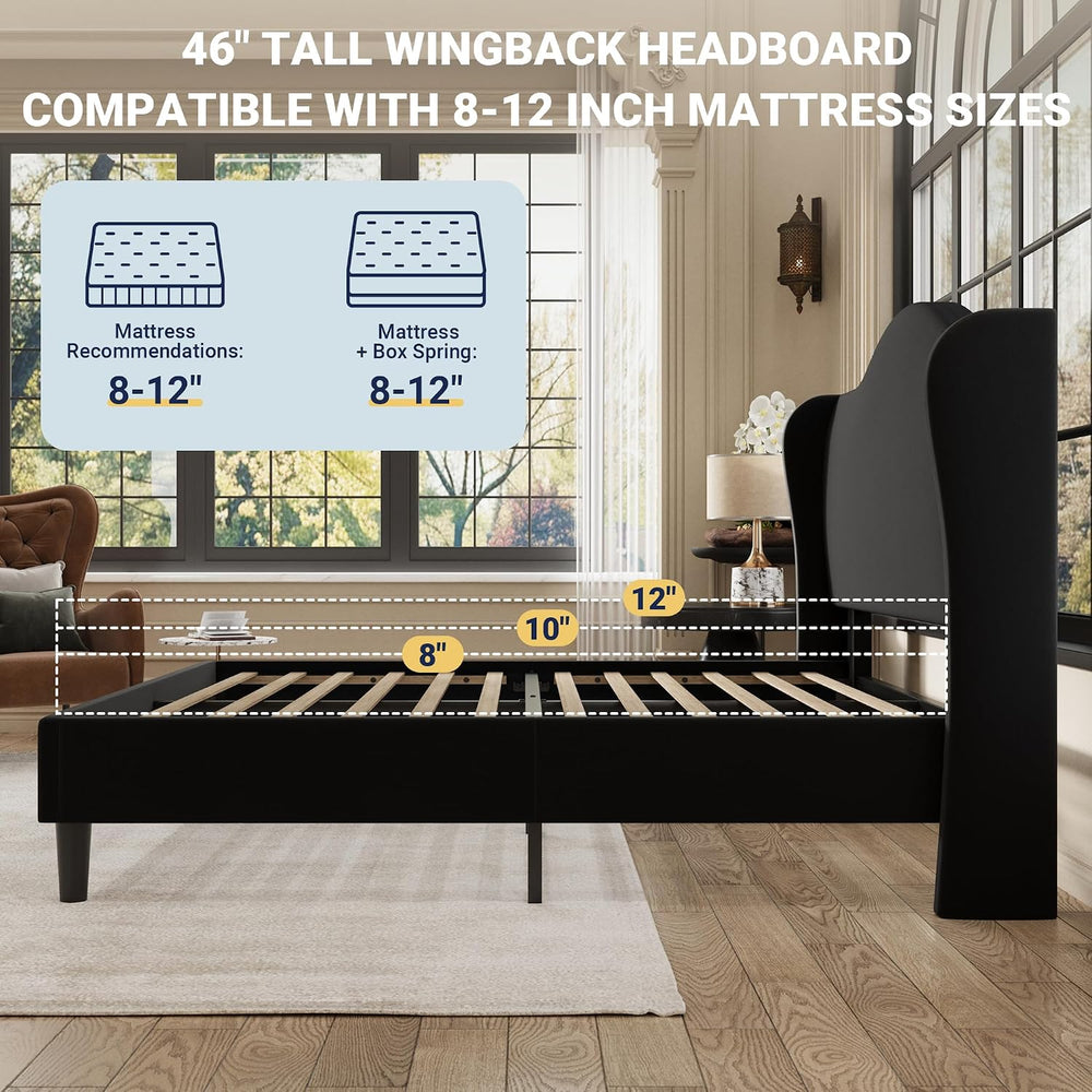 Allewie Full Size Bed Frame, Plush Velvet Wingback, Modern Style, Black