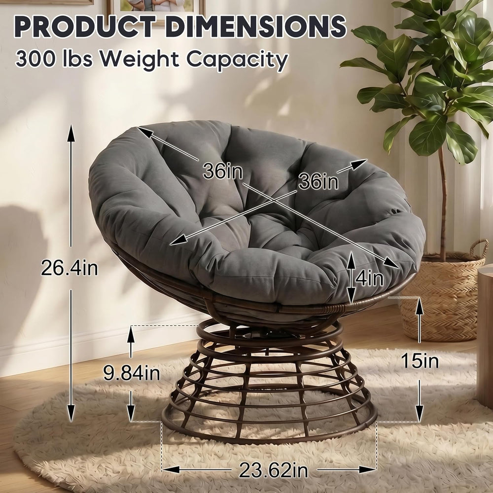 Comfortable 36" Ergonomic Wicker Papasan Chair, 360ยฐ Swivel Wicker Accen...