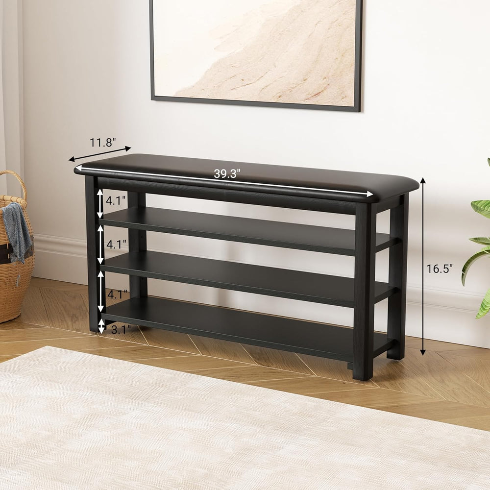 Shoe Rack Bench with Leather Cushion 3-Tier Shoe Rack Organizer for Entryway ...