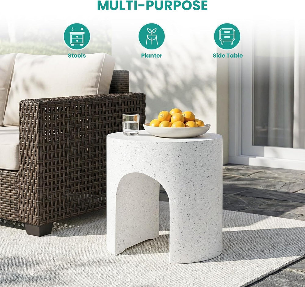 SUNBURY Outdoor Side Table, 16" W Concrete End Table Round w Arch Pedestal