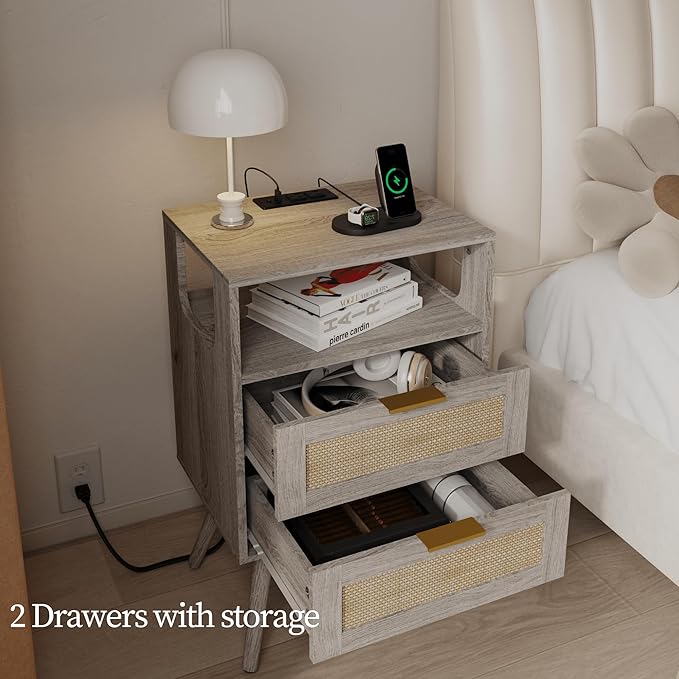 Rattan Nightstand with Charging Station,Farmhouse Bedside Table with 2 Storag...