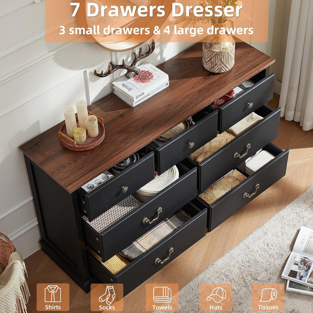 Farmhouse 7 Drawer Black Dresser for Bedroom