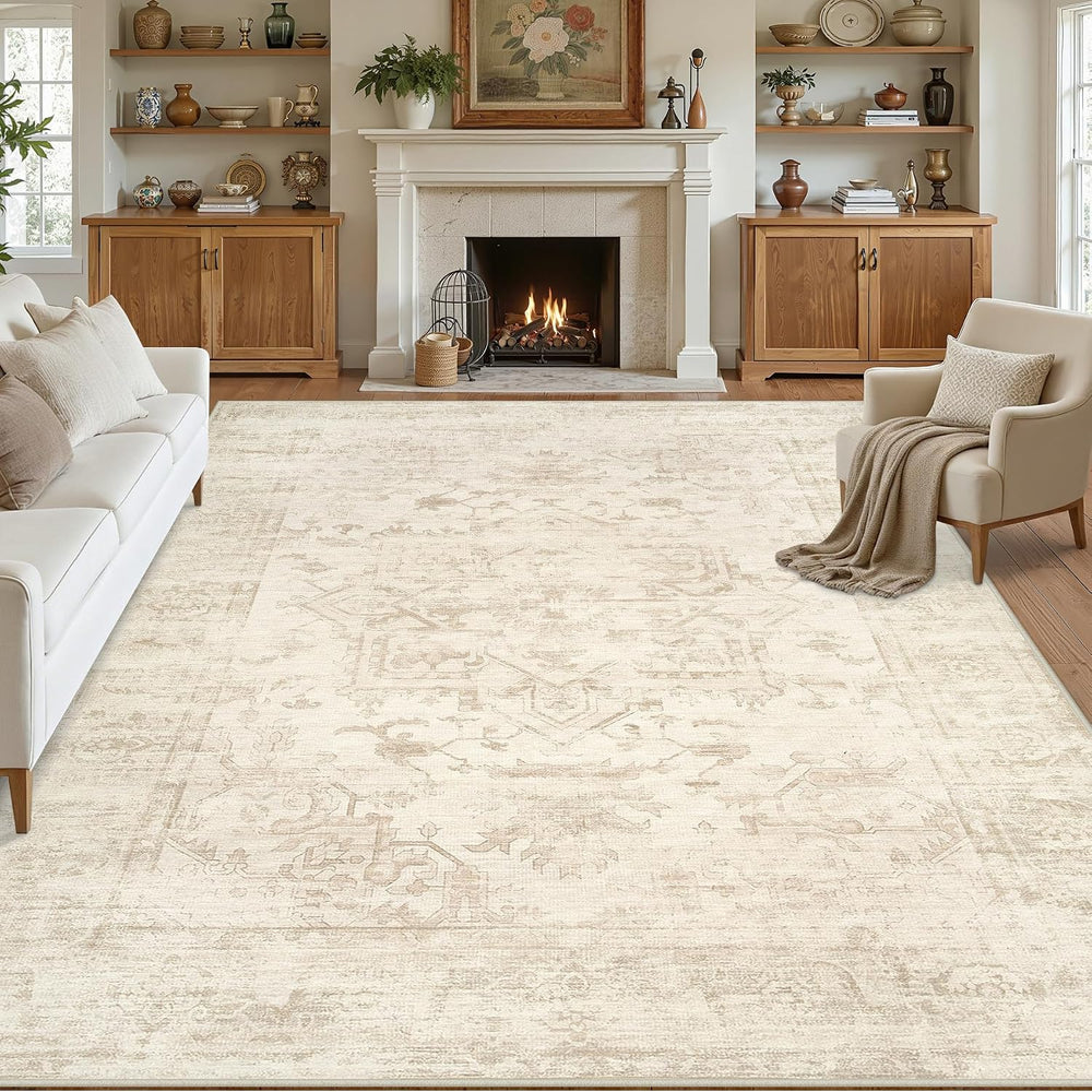8x10 Area Rugs for Living Room: Vintage Boho Neutral Washable Rug Indoor Soft