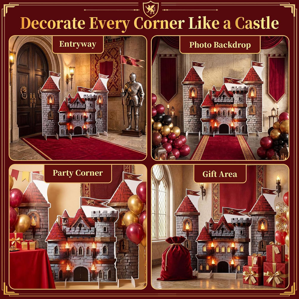 Novabright 3 Pcs Medieval Castle Backdrop Stand with Bases, Large Stone Knigh...