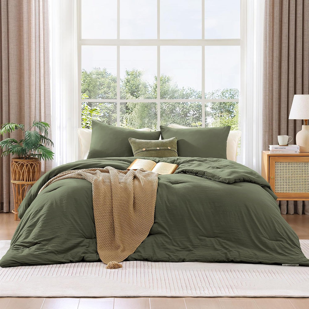 Queen Comforter Set-3 Pieces Soft Olive Green Comforters Queen Size Bedding