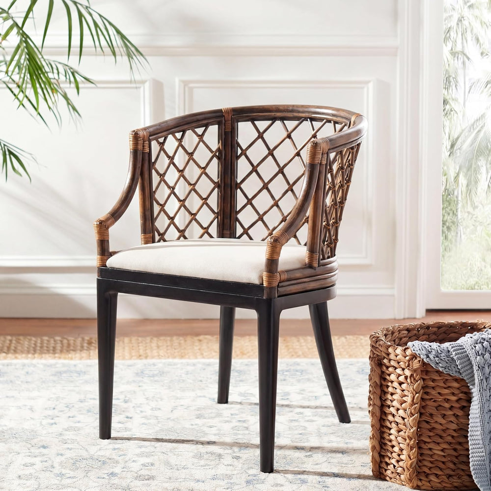 SAFAVIEH Carlotta Rattan Arm Chair 19.3”, Solid Wood Brown & Black SEA4013C