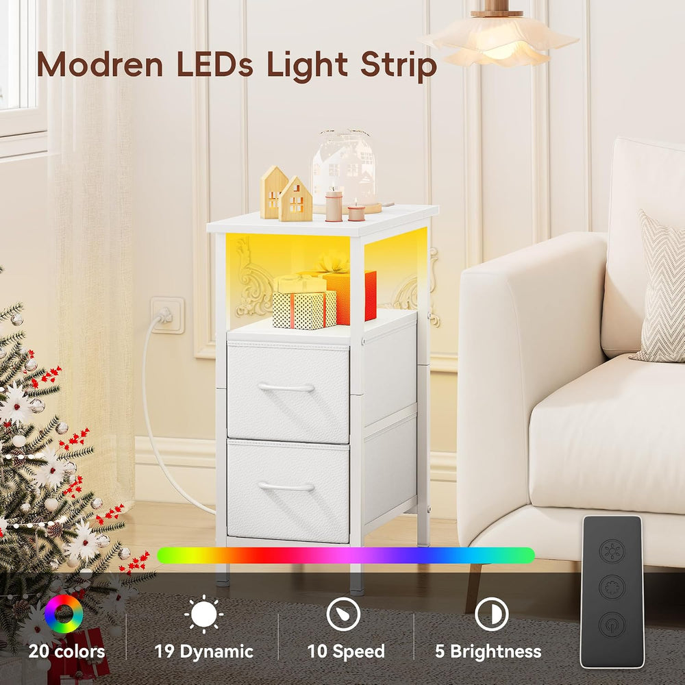 Vagusicc White Nightstand with Charging Station and LED Lights, Narrow Side T...