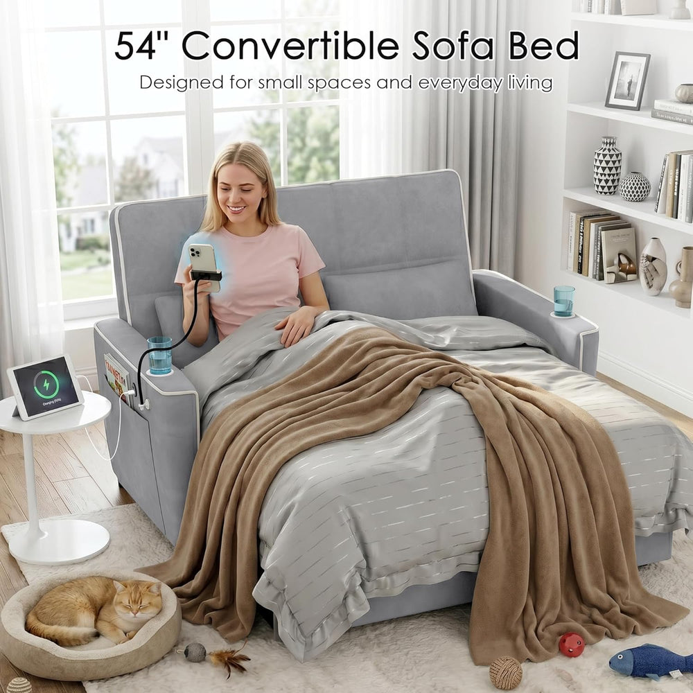 54'' Sleeper Sofa, Convertible Sofa Bed with Phone Holder, Pull Out C...