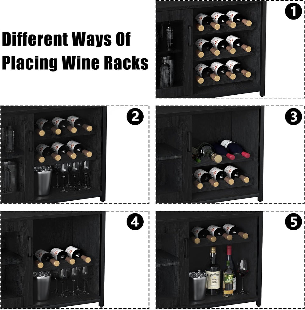 GAOMON Modern 36" Black Wine Bar Cabinet with Mesh Door, Adjustable Glas...
