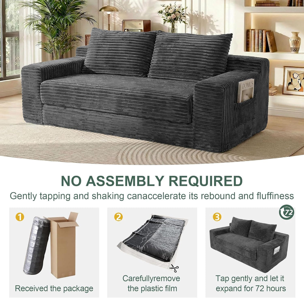 73" Convertible Sofa Bed, Corduroy Boneless Loveseat Sleeper, Gray