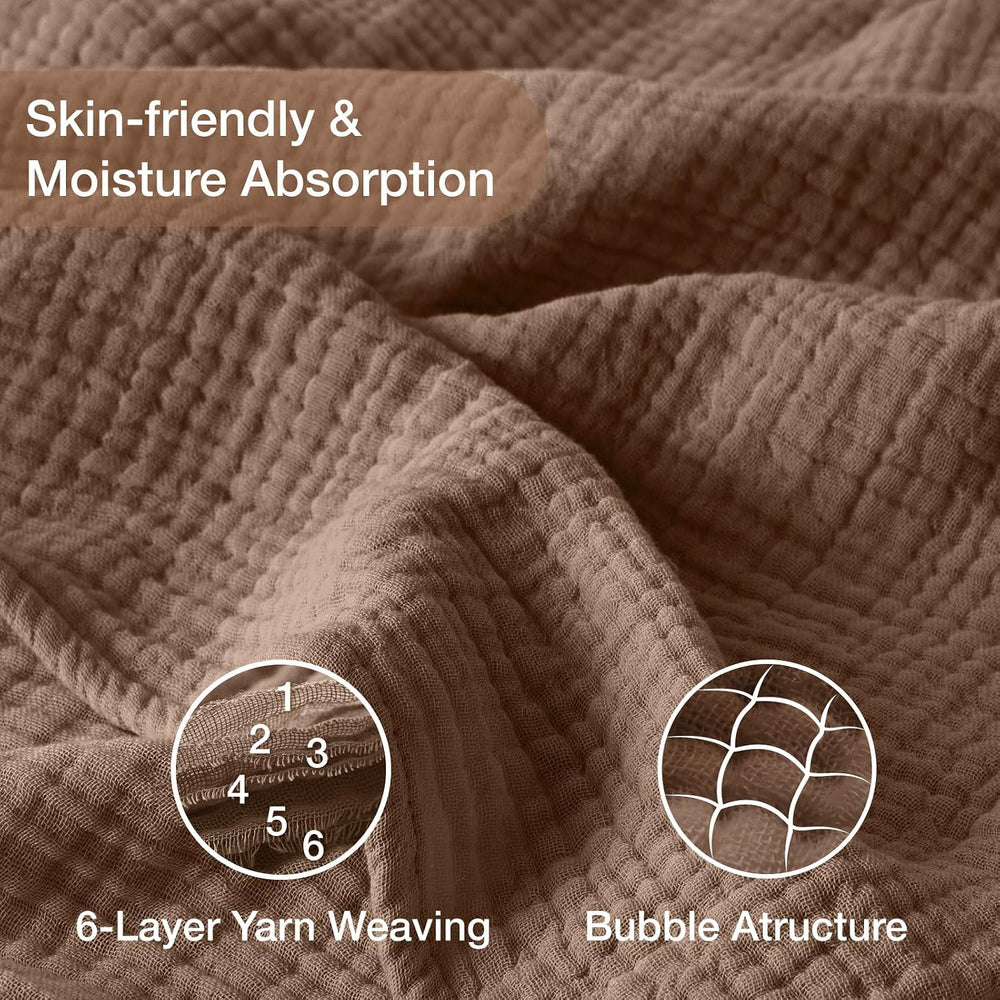 100% Cotton Muslin Blanket for Adults, 6-Layer Large Throw, 50x70, Brown