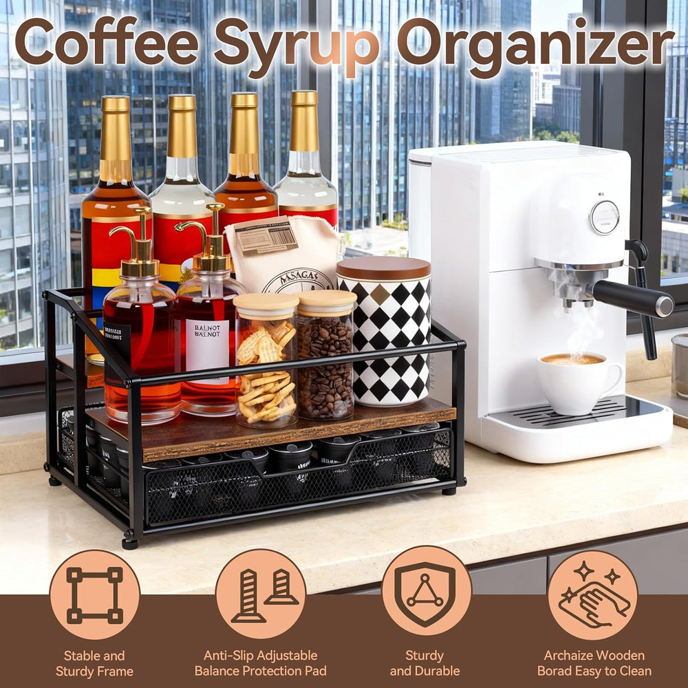 kimilus Coffee Syrup Rack Organizer, 3-Tier 8 Bottle Syrup Rack with 35 K Cup...