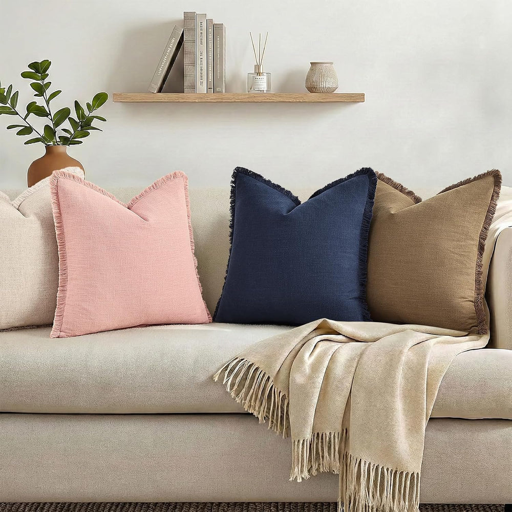 decorUhome Linen Fringe Navy Blue Throw Pillow Covers 18x18 Set of 2