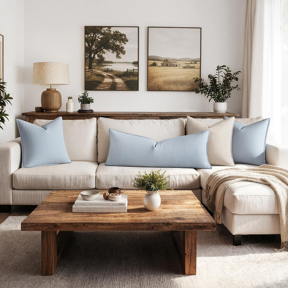 MIULEE Decorative Linen Lumbar Pillow Cover 14x36 Inch Light Blue