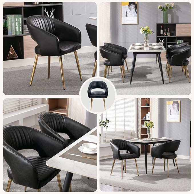 Faux Leather Dining Chairs Gold Legs, Modern Black PU Leather Dining Room Cha...