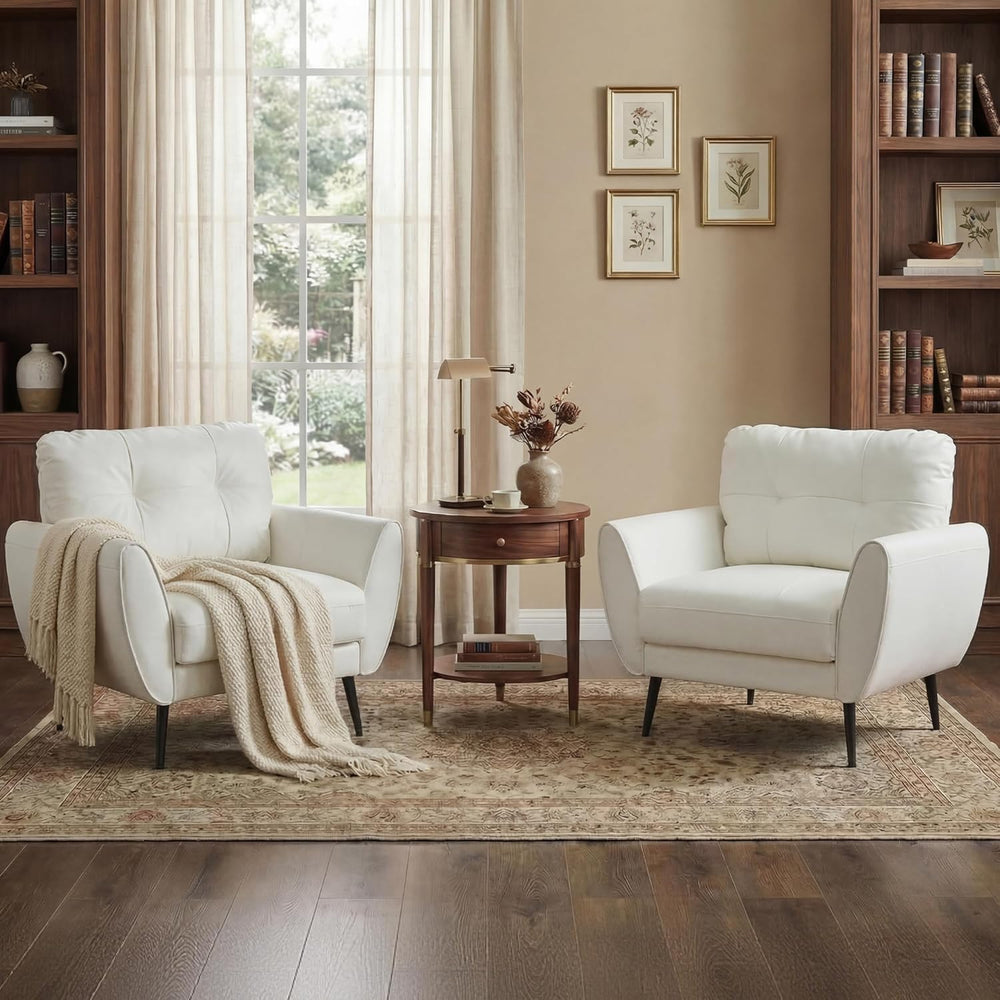 White Faux Leather Accent Chairs Set of 2, Tufted Armchairs for Living Room