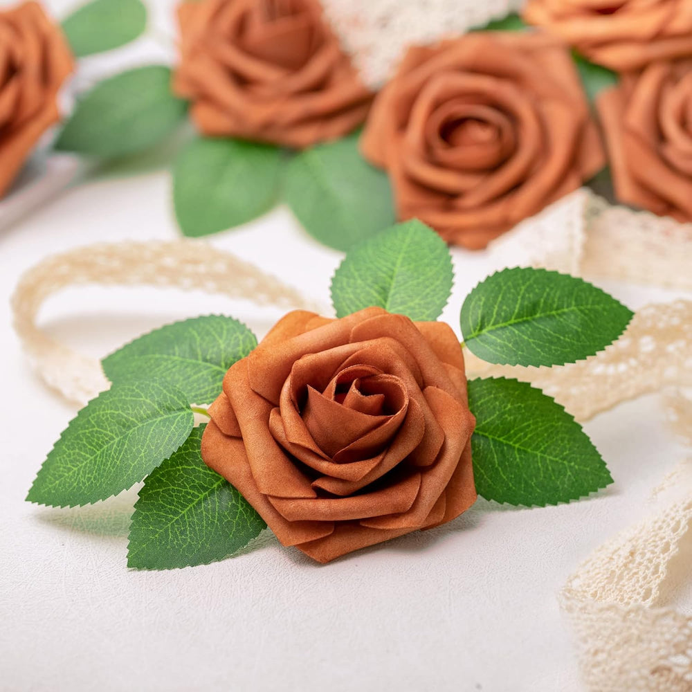 Mocoosy 50Pcs Burnt Orange Roses Artificial Flowers, Rust Fake Rose for Decor...