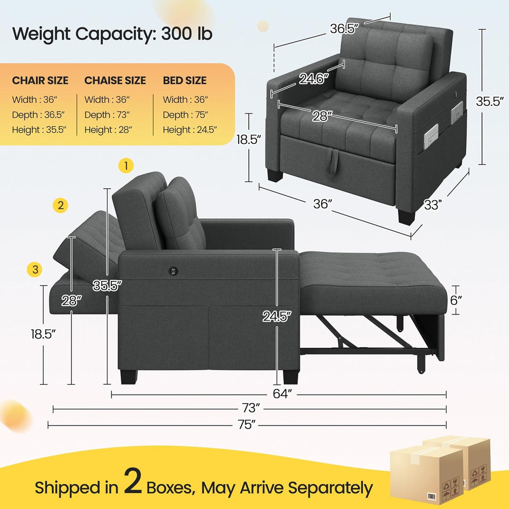 Yaheetech Sleeper Chair, Converts to Bed with USB Ports & Pocket, Dark Gray