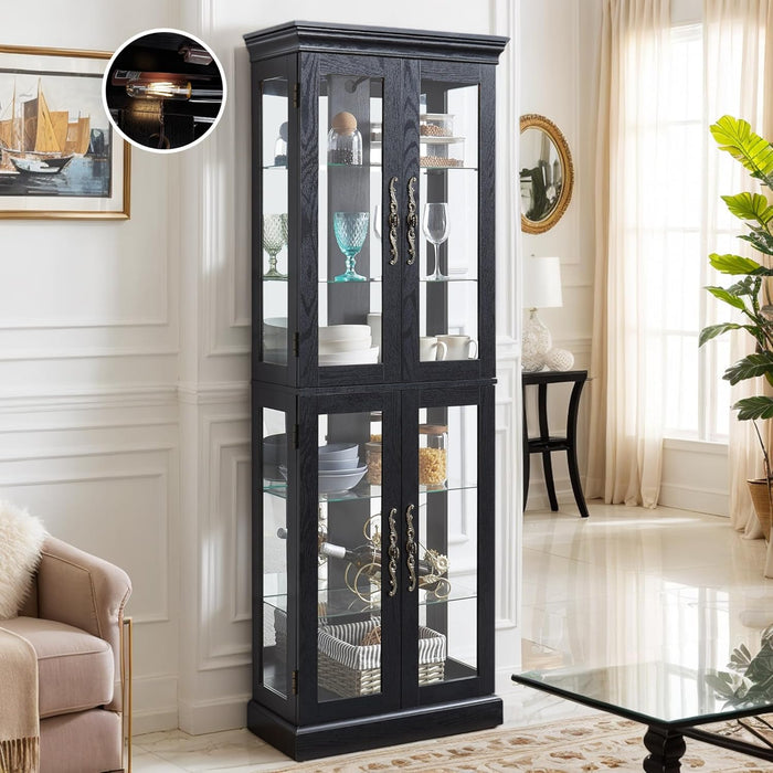 Lighted Curio Cabinet 71" Vintage Glass Display Case with Adjustable Shelves, 4 Tempered Glass Doors, Bulb Included, Wooden Square Wine Bar China Cabinet for Living Room Liquor Storage (Black)