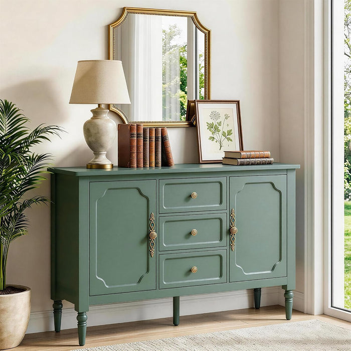 RoyalCraft Buffet Cabinet with Storage, Vintage Sideboard with 2 Doors & 3 Drawers, Coffee Bar Table with Solid Wood Legs, Mid Century Modern Painted Credenza for Kitchen, Dining Room, Green
