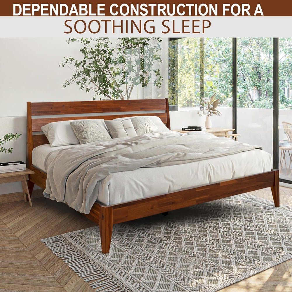 Emery Acacia Solid Wood Queen Platform Bed, Mid-Century, Chocolate.
