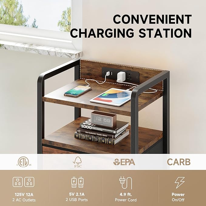 Night Stand Bedside Table Bedroom - Nightstand with Charging Station, Night S...