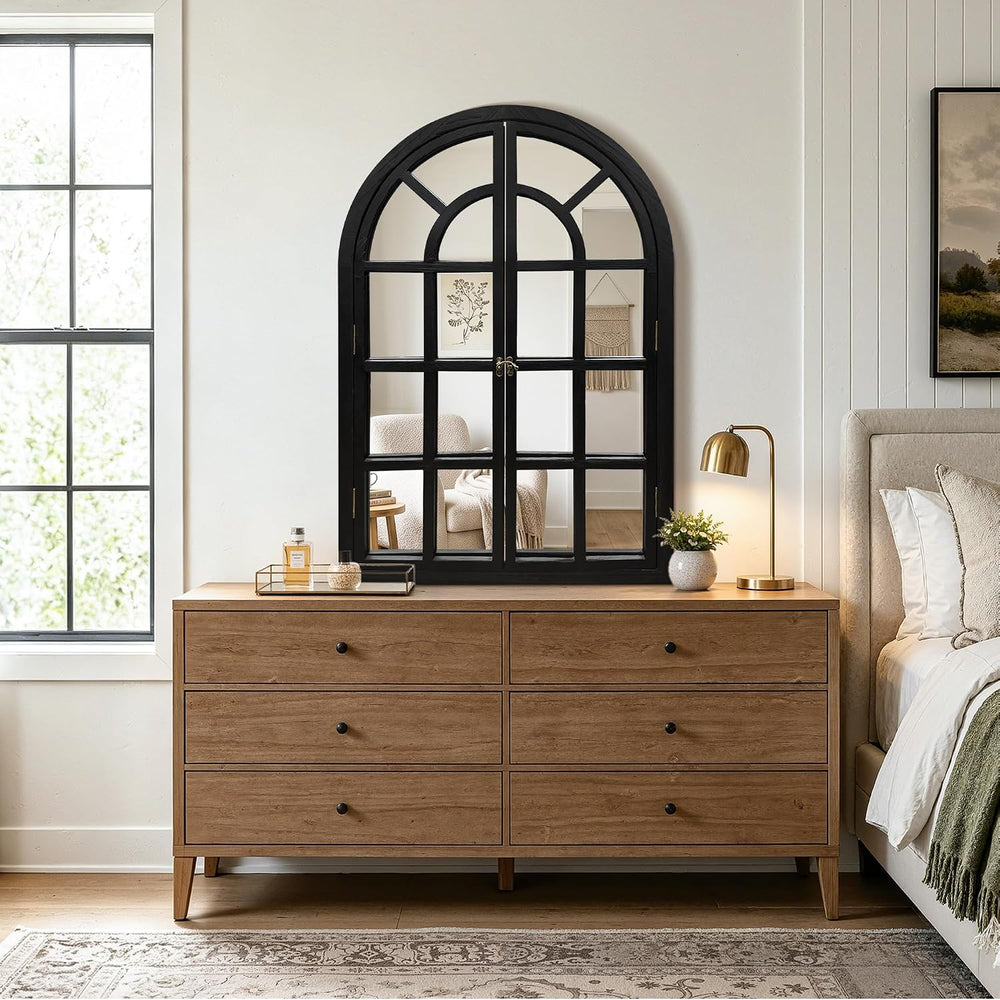 Arched Wood Mirror for Wall, 28" x 40" Rustic Farmhouse Mirror, Black