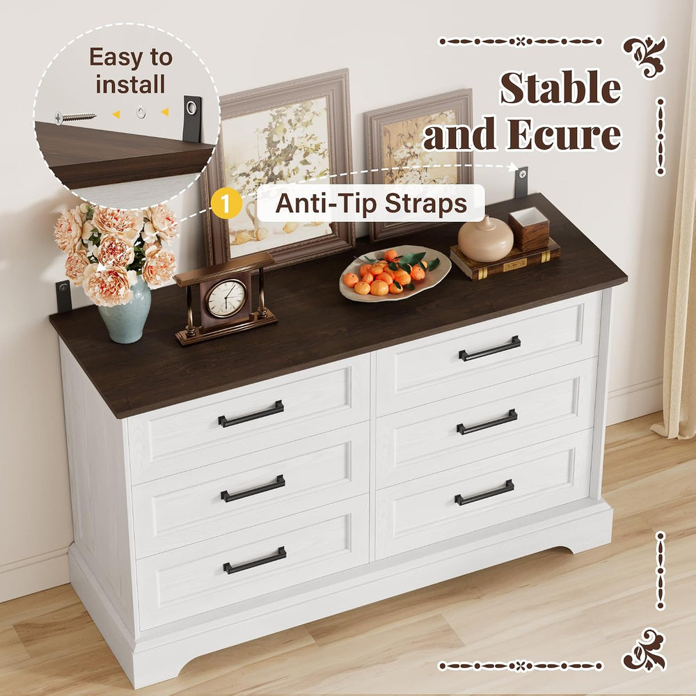 Furmax Farmhouse Dresser for Bedroom, 6 Drawers Dresser, White & Brown