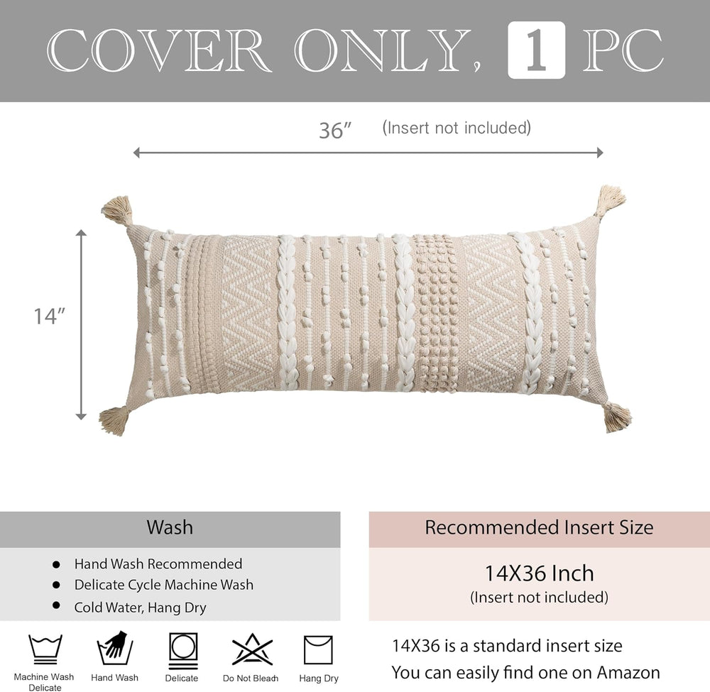 BlissBlush Cream Decorative Lumbar Throw Pillow Cover 14x36 Boho Long Cushion...