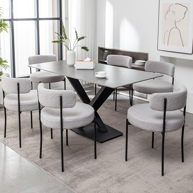 Boucle Dining Chairs Set of 2, Upholstered Dining Room Chairs with Black Meta...