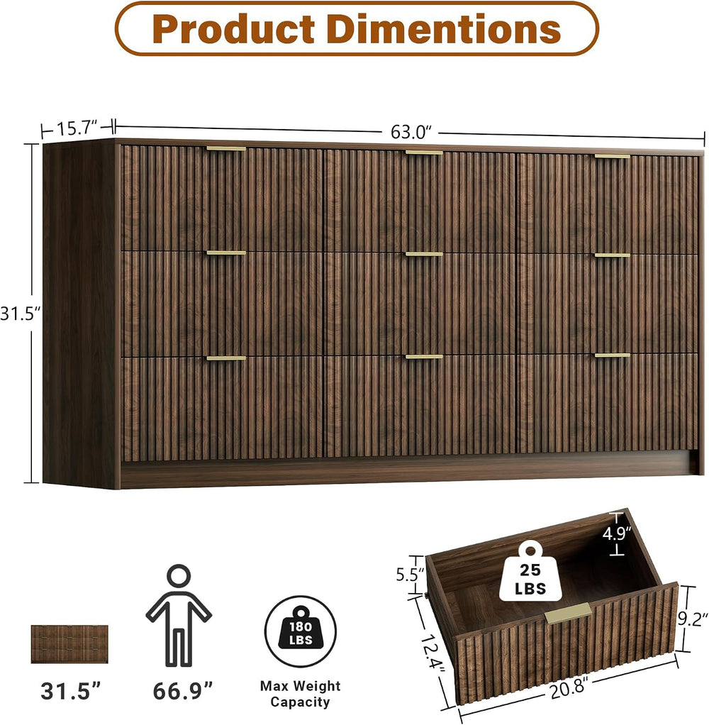 Furniway Walnut 9 Drawer Dresser for Bedroom, 63" Wide Fluted Wood Dresser