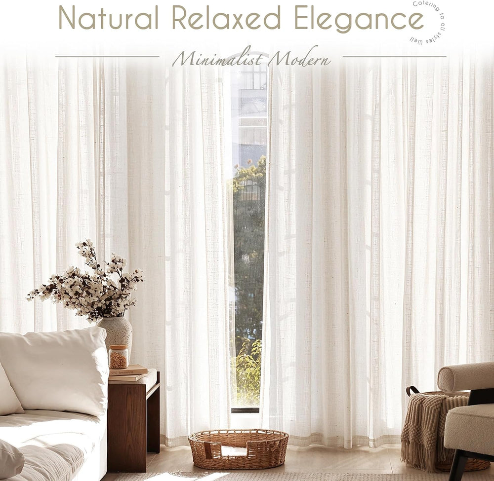 Natural Semi Sheer Linen Curtain 90 inch Length 2 Panels Set Back Tab Light F...