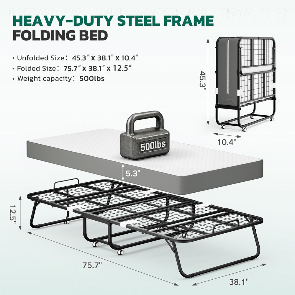 Greenvelly Folding Bed with 5 Inch Mattress, 75” x 38” Portable Rollaway Bed ...