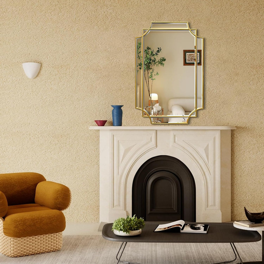 30x20 Inch Gold Bathroom Mirror, Wooden Frame with Scalloped Polished Beveled...