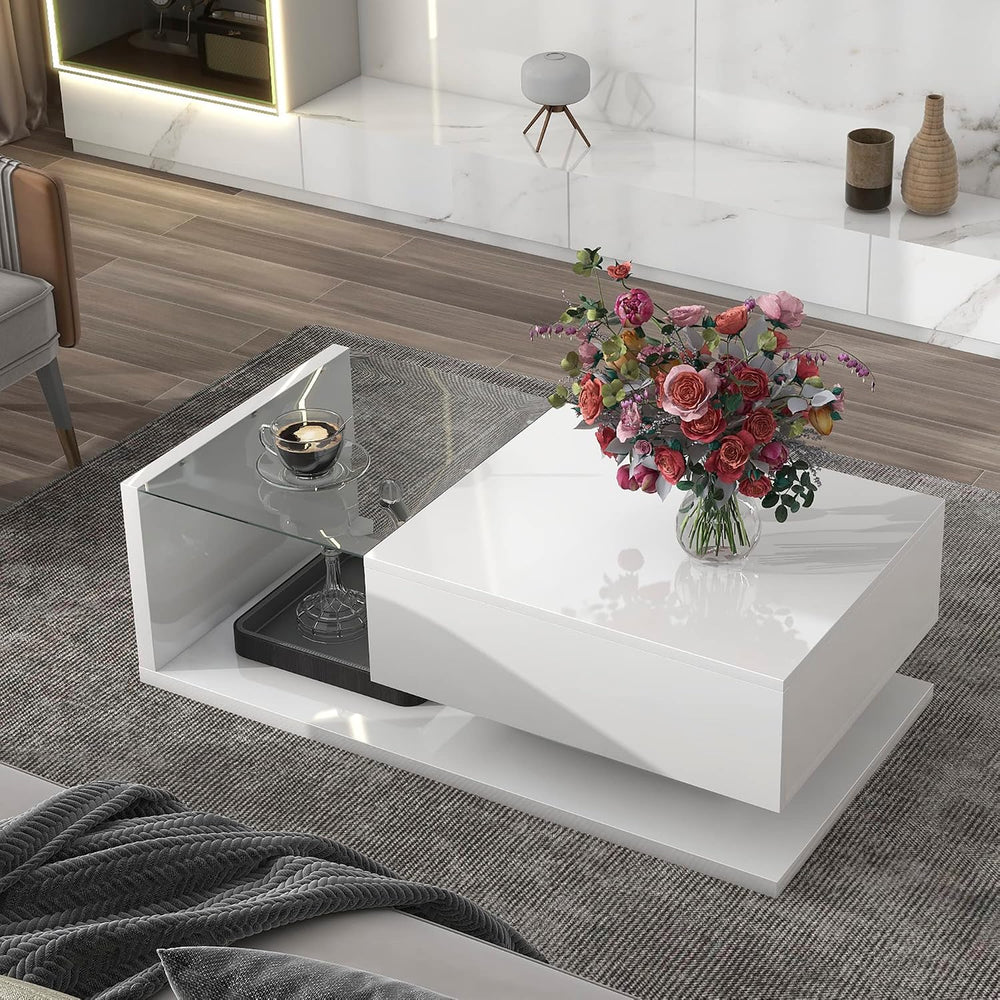 Modern Coffee Table with Tempered Glass, Wooden Cocktail Table with High-Glos...