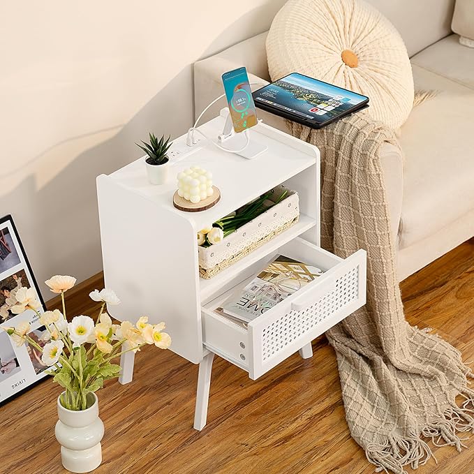 Lerliuo Rattan Nightstands set of 2 with Charging Station, Side Table with Dr...