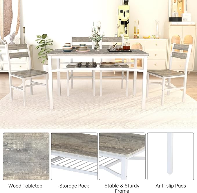 Hooseng Dining Table Set for 4, Wood Kitchen Table Chairs Set with Storage, F...