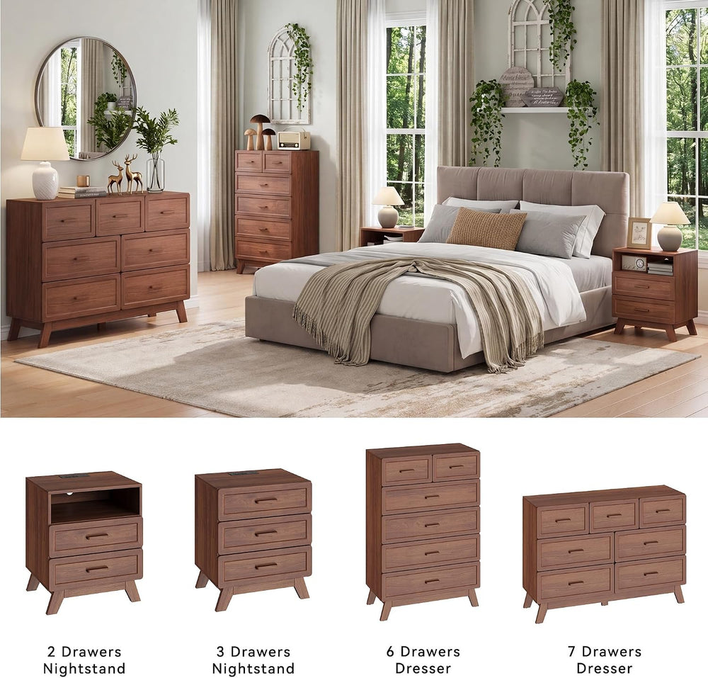 YANSNWO 23.6" Tall Nightstand with Charging Station, 3 Drawers, Walnut