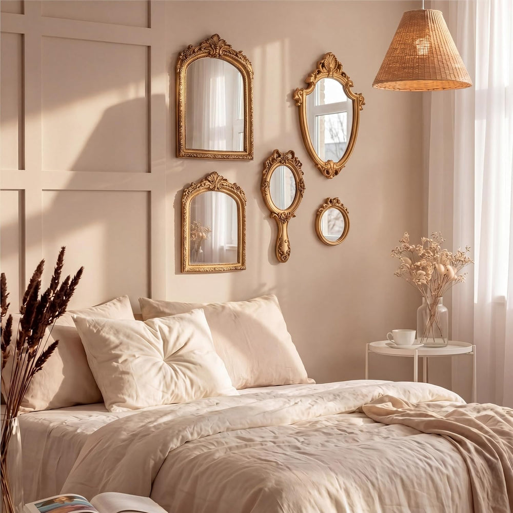 5 Pcs Vintage Gold Wall Mirror Set, 13in/8in/7in/4in, Classic Style