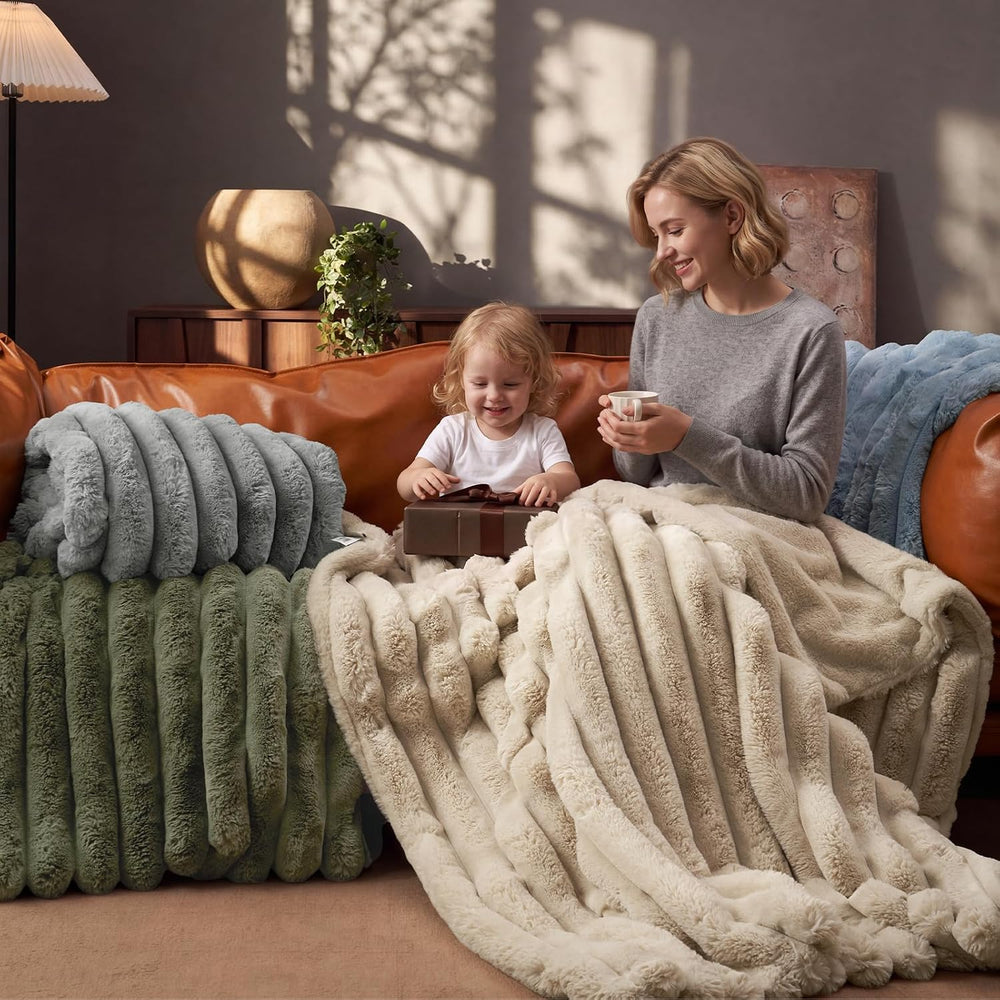 PHF Faux Fur Throw Blanket, 970 GSM Double-Sided, 50" X 60",Olive G...