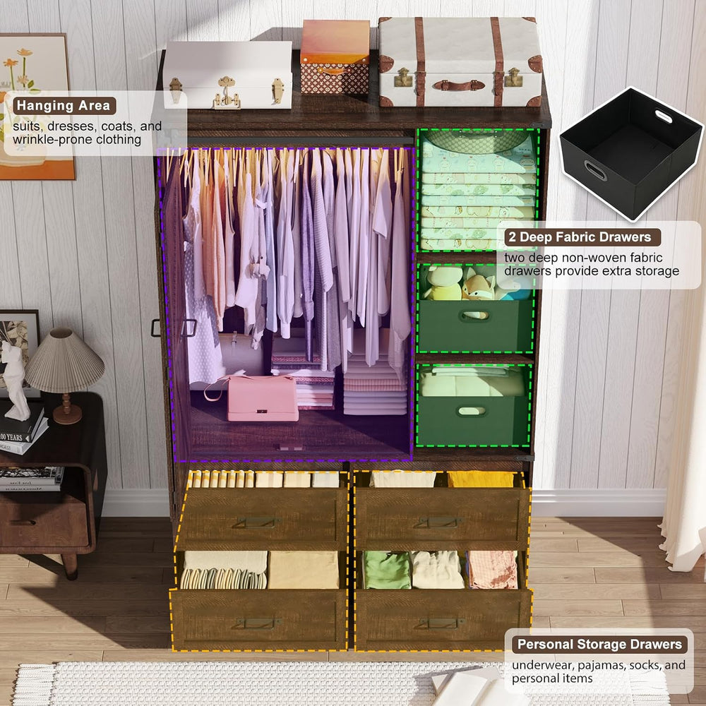 Farmhouse 3 Doors Armoire Wardrobe Closet w/Folding Sliding Barn Door and Lig...