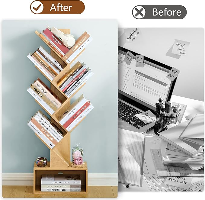 Hoctieon 6 Tier Tree Bookshelf, Tall Bookcase with Drawer, Freestanding Book ...