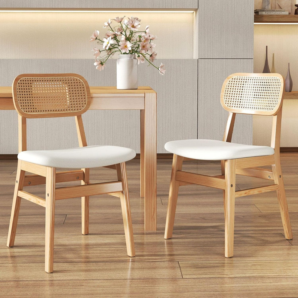 Rattan Dining Chairs Set of 2 White Lambswool Dining Room Chairs Natural Wood...
