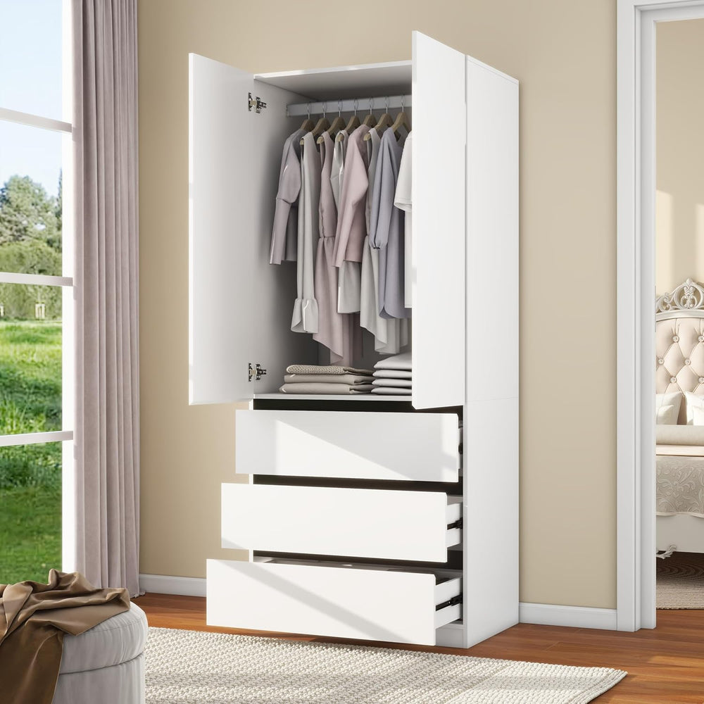 White Armoire Wardrobe Closet with 3 Drawers: 75" H x 31.5" W