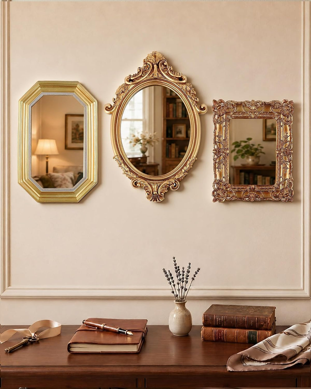 3 Pcs Vintage Gold Wall Mirror Set, Court Baroque Style
