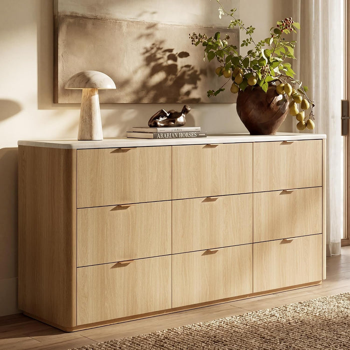 9 Drawer Dresser for Bedroom, 63" Faux Travertine Top, Beige